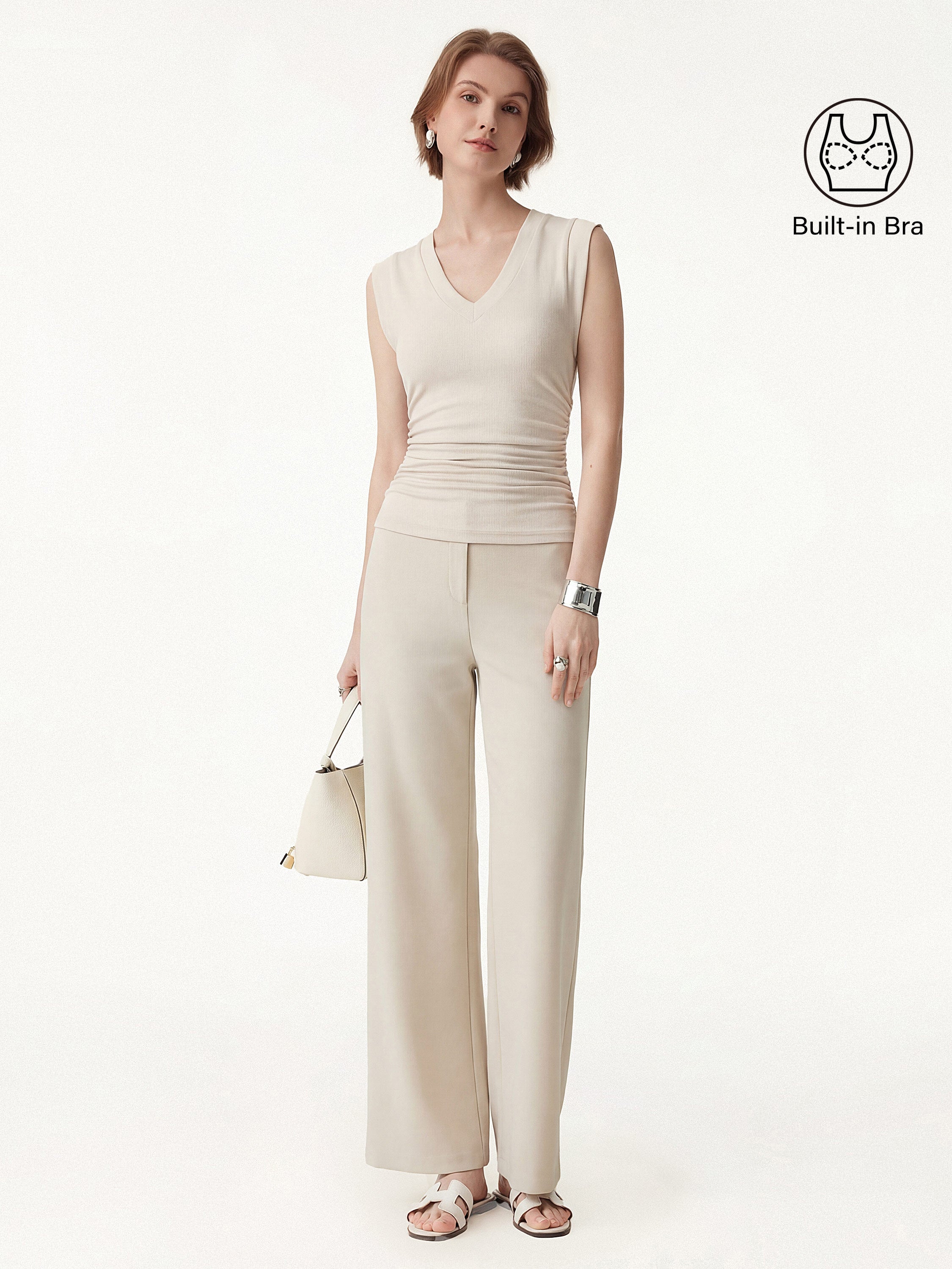 2Pcs Set V neck Bra Top & Mid Rise Straight Pant Pockets
