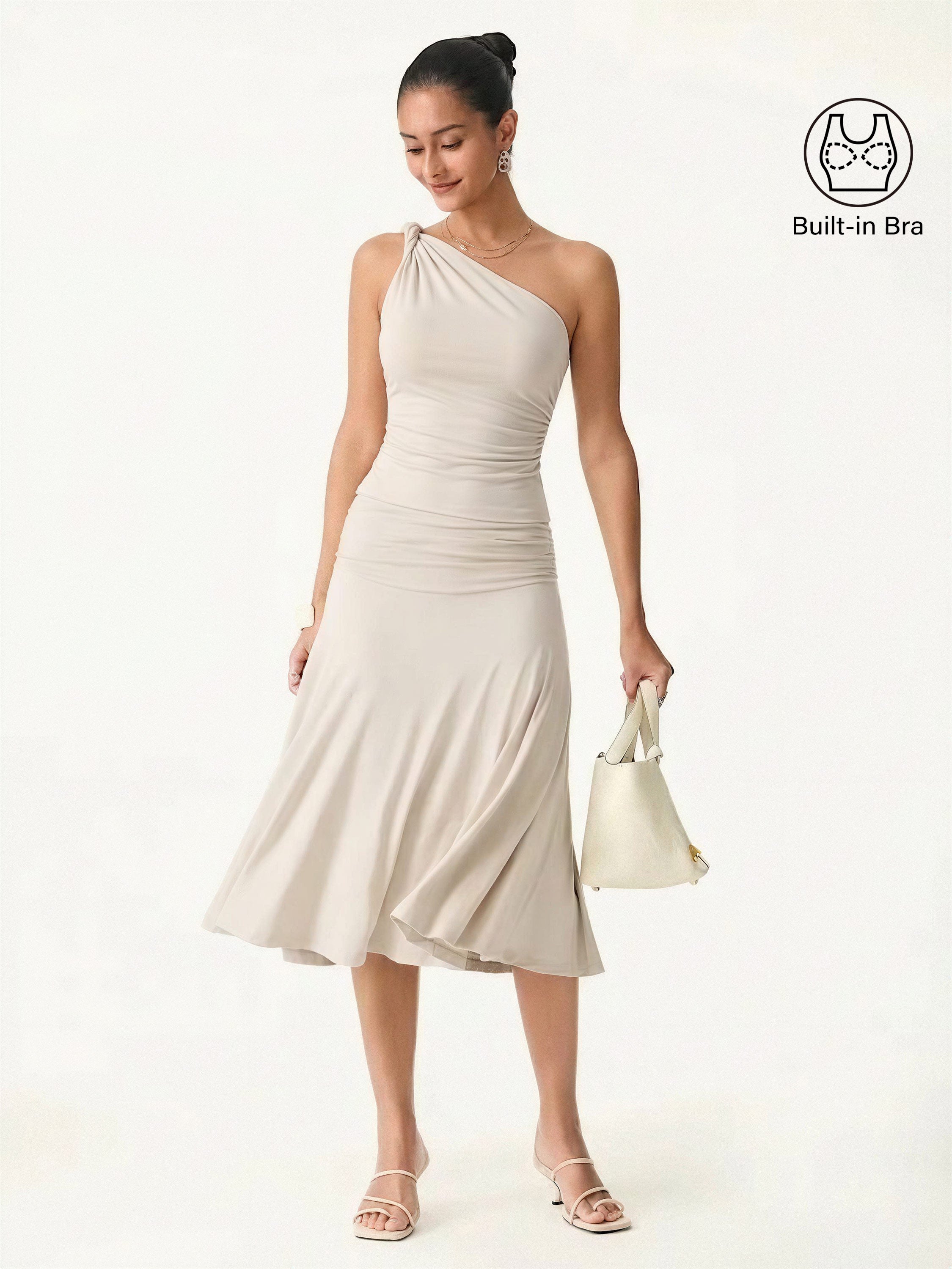 2Pcs Set One Shoulder Twisted Bra Tank & Side Ruched line Midi Skirt