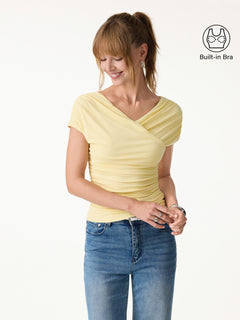 OGLmove SkinKiss Surplice V-Neck Ruching Bra Top Butter Yellow XS