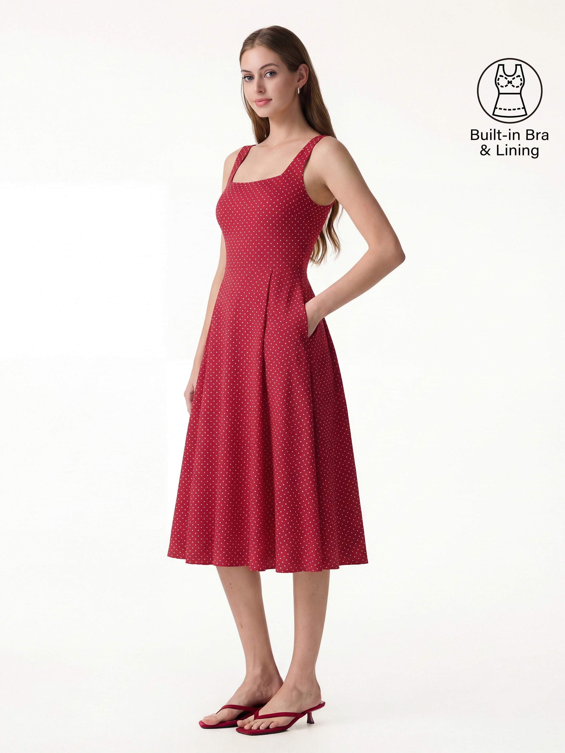 Stretch Cotton Polka Dot Square Neck Midi Bra Dress Pockets Limited Edition