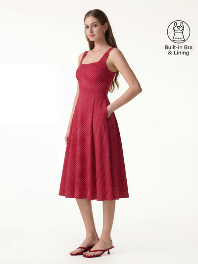 OGLmove Stretch Cotton Polka Dot Square Neck Midi Bra Dress with Pockets Limited Edition Red/White Polka Dot XS
