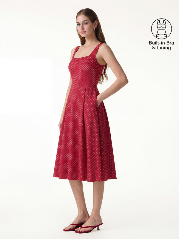 OGLmove Stretch Cotton Polka Dot Square Neck Midi Bra Dress with Pockets Limited Edition Red/White Polka Dot XS