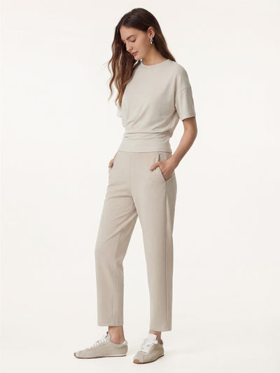 OGLmove 2Pcs Set Crewneck Tucked Tee & Mid Rise Tapered Pants with Pockets Morning Mist/Beige XS