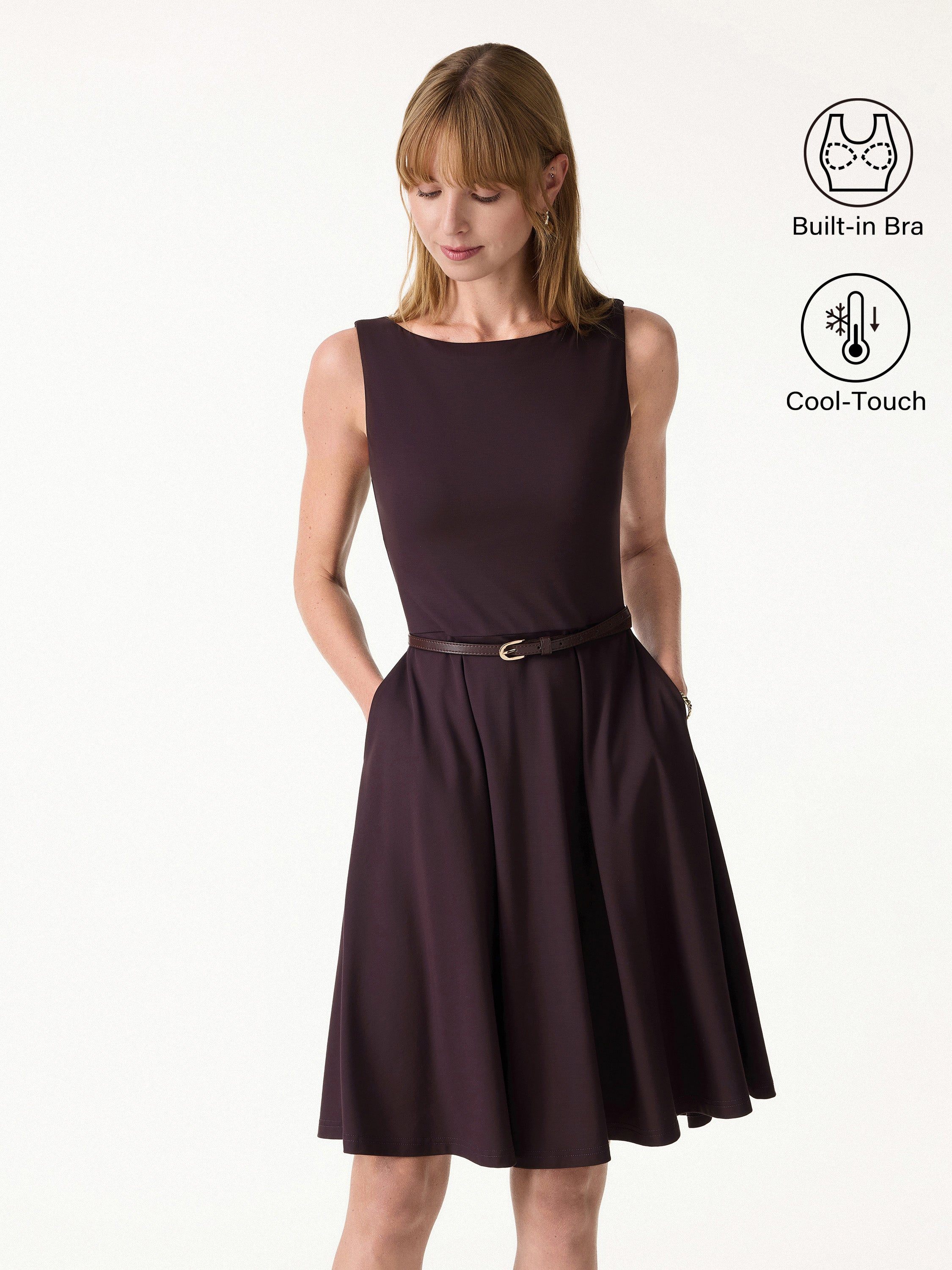 Stretchy Boatneck Fit Flare Mini Bra Dress Pockets