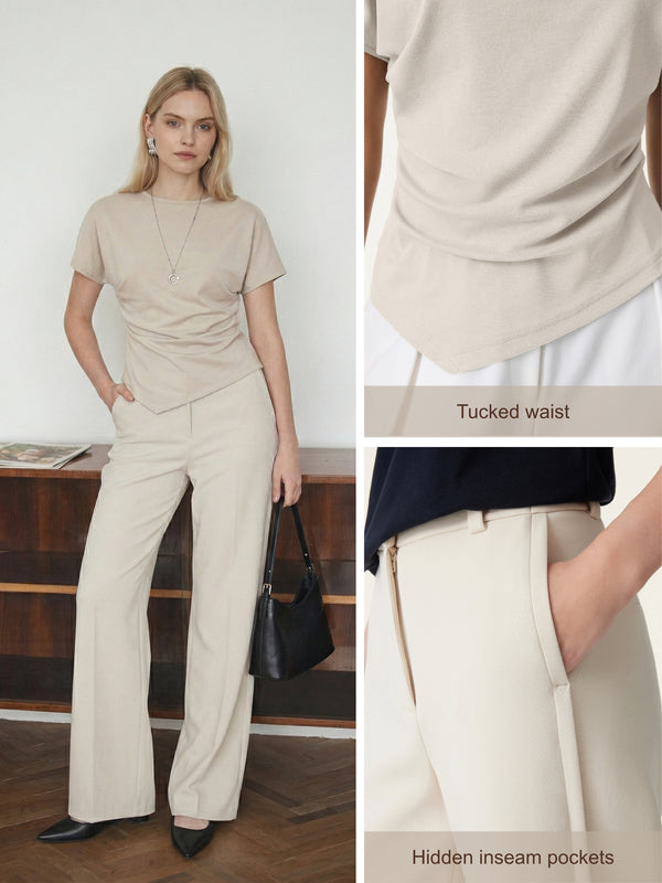 OGLmove 2Pcs Set Boatneck Angled Tee & Mid Rise Wide Leg Trousers
