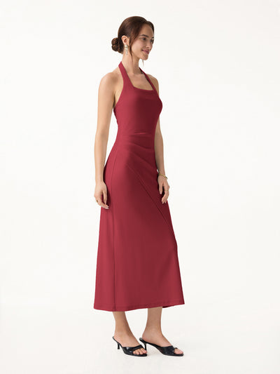 OGLmove Cotton Lyocell Halter Square Neck Tucked Maxi Dress Carmine Red XS