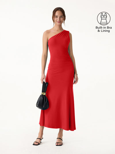 OGLmove SkinKiss Ruched One Shoulder Maxi Bra Dress Red XS
