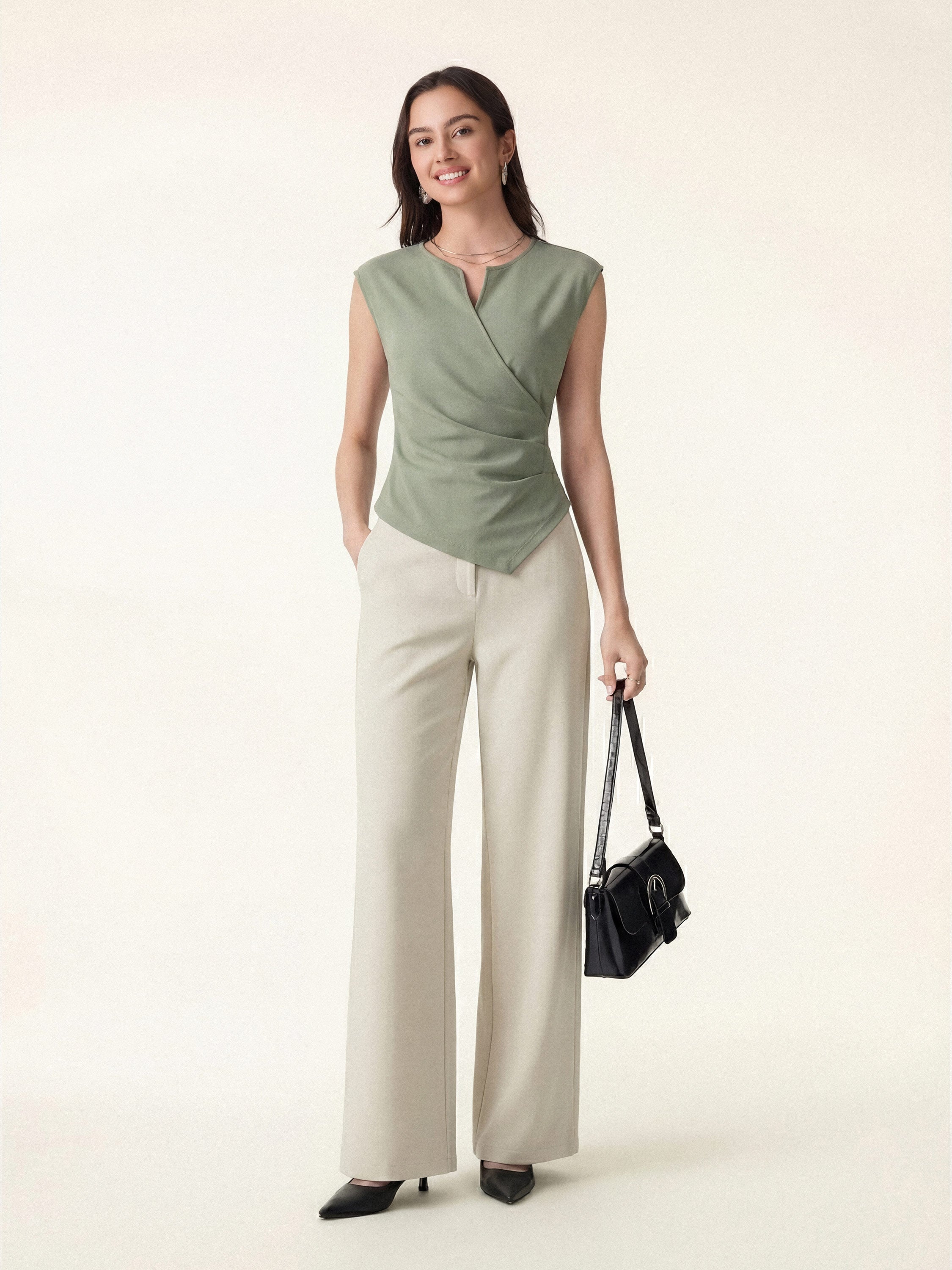 2Pcs Set Tucked Angled Tank & Mid Rise Wide Leg Trousers