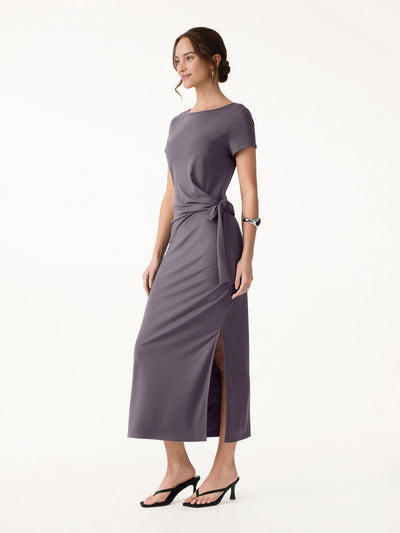 OGLmove Cooling Wrinkle-Resistant Side Waist Tie Midi Dress with Slit Taro Tea XS