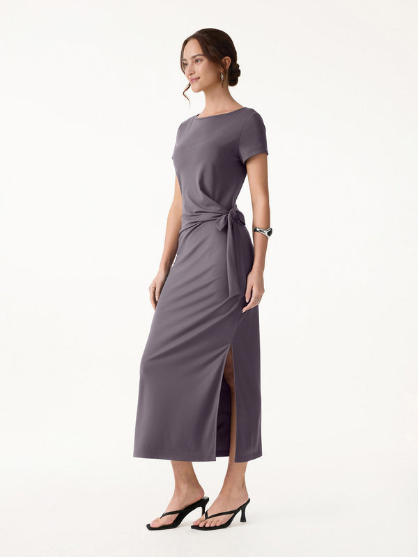 Casual Regular Fit Taro Tea/2XL Midi Dresses Relaxed Sleeves Short Sleeves Boat Neck Women Dresses OGLmove