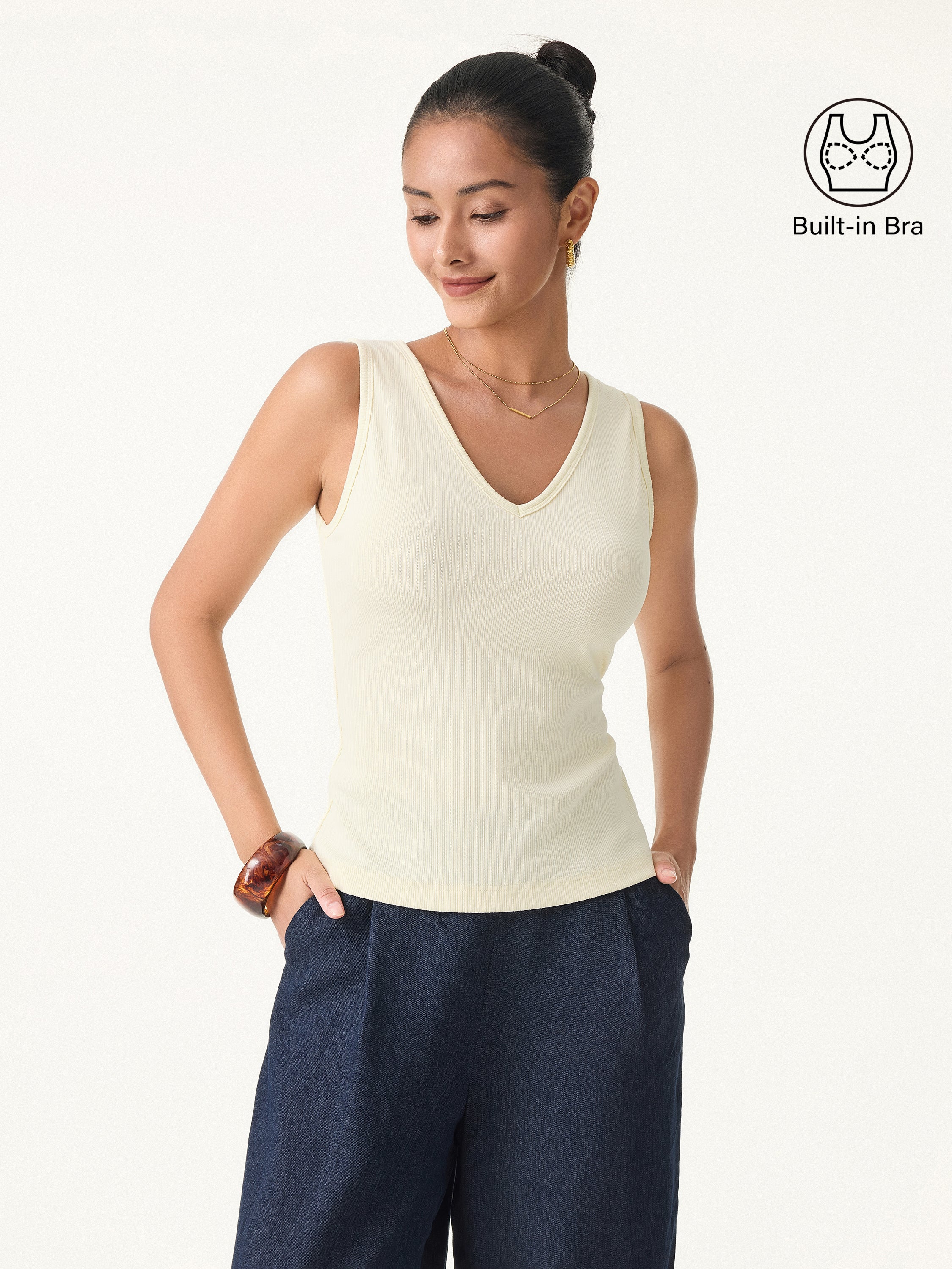Stretch Cotton Pointelle V neck Sleeveless Bra Tank