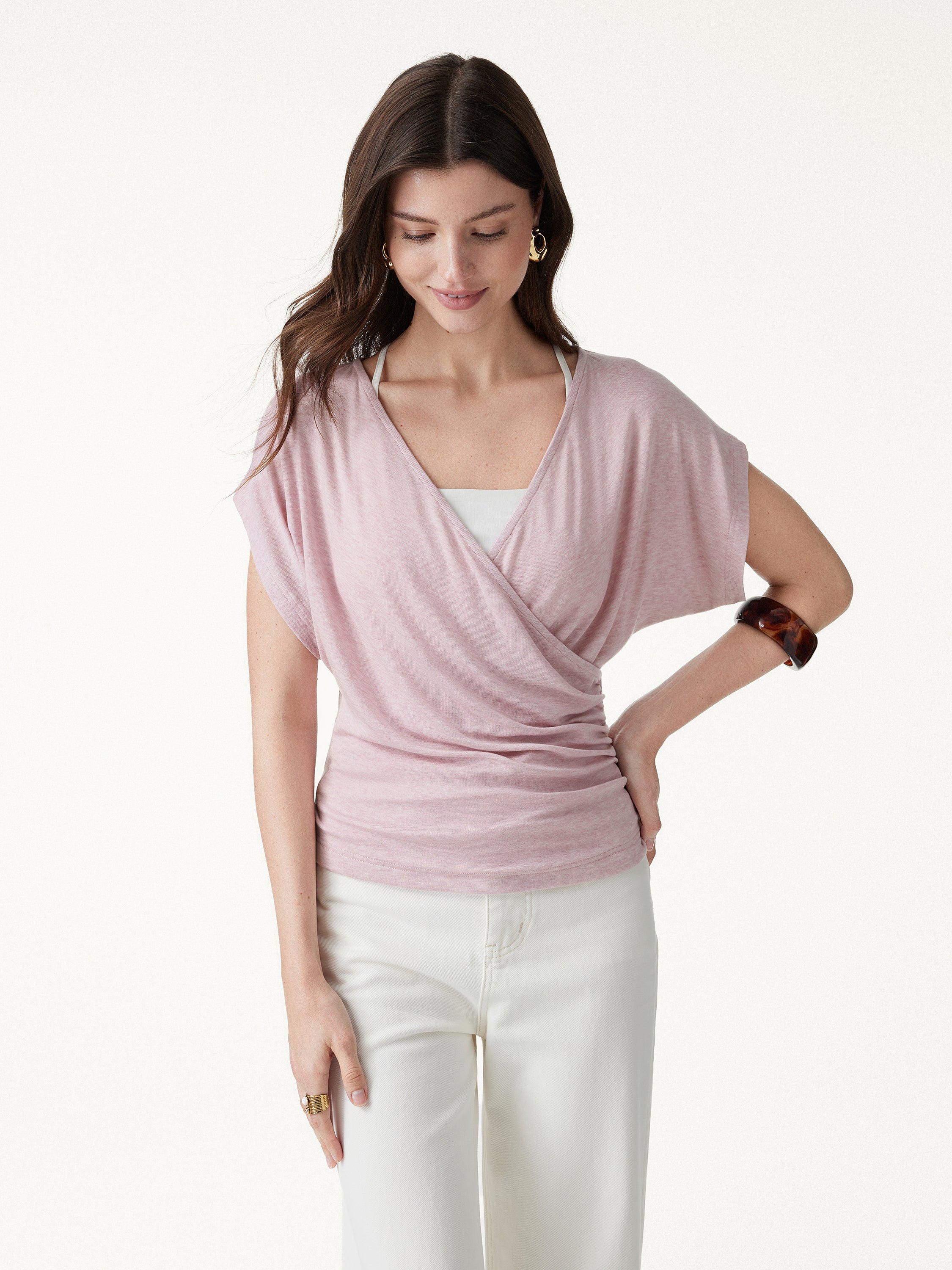 Summer Lyocell Wool Suprlice Ruched Short Sleeve Top
