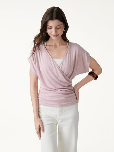 OGLmove Summer Lyocell Wool Suprlice Ruched Short Sleeve Top Heather Light Pink XS