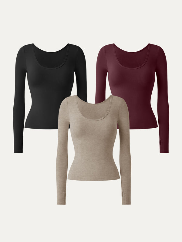 3Pcs Set Essential Lyocell Cashmere Multi-Wear Long Sleeve Top with Thumbholes Black/Heather Calico/Wine XS
