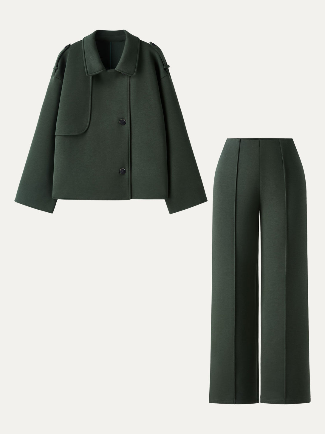 2Pcs Set Convertible Collar Buttoned Coat & Tummy-Control The Comfort Pant