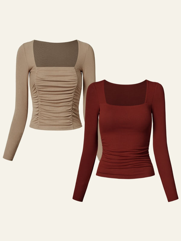 Eco-SkinKiss® Square Neck Ruched Long Sleeve Top & Square Neck Ruched Brami Top 2Pcs Set
