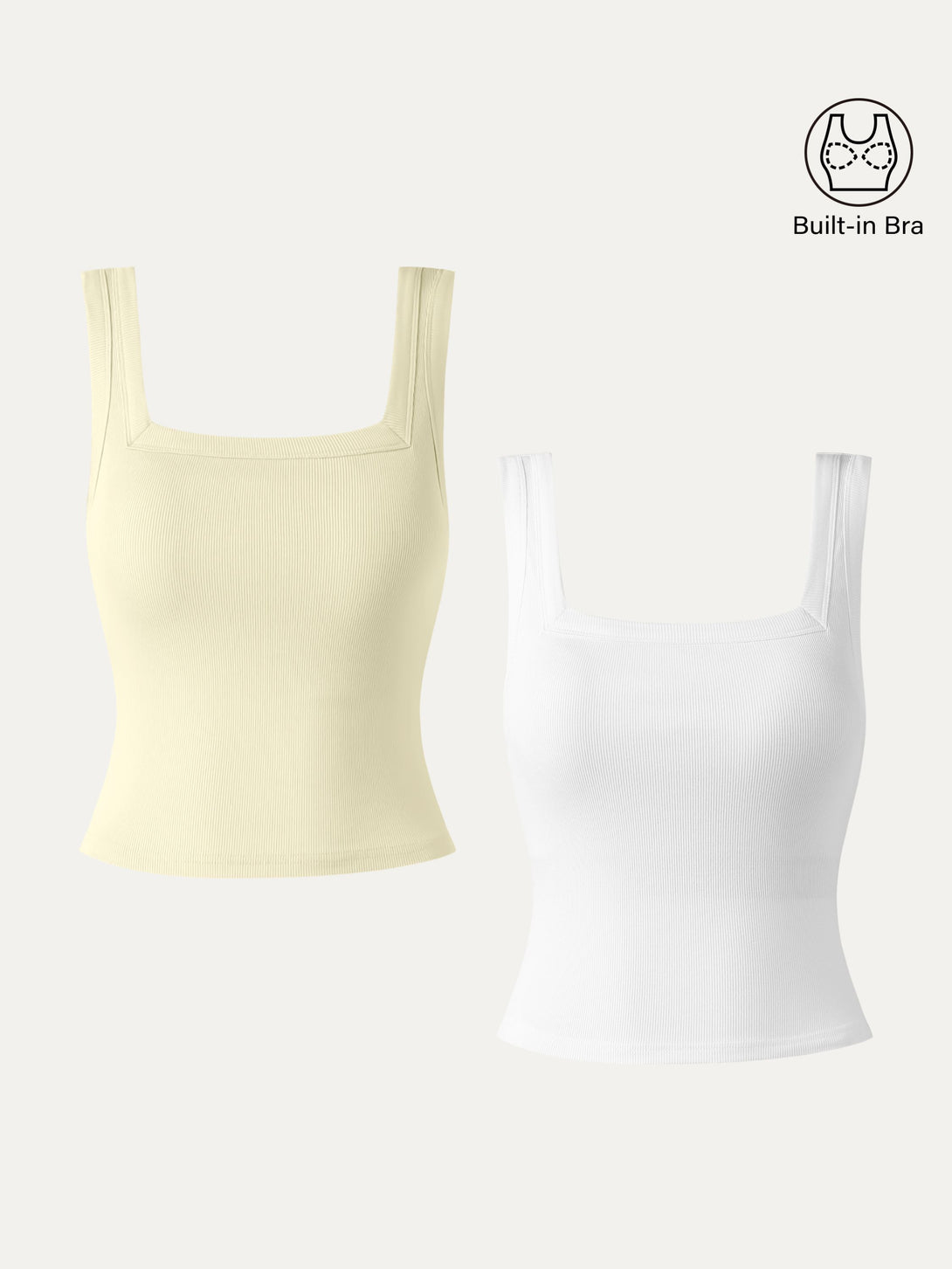 2Pcs Set Cropped Slinky Square Open-Back Brami Tank Top White/Cream Yellow XS