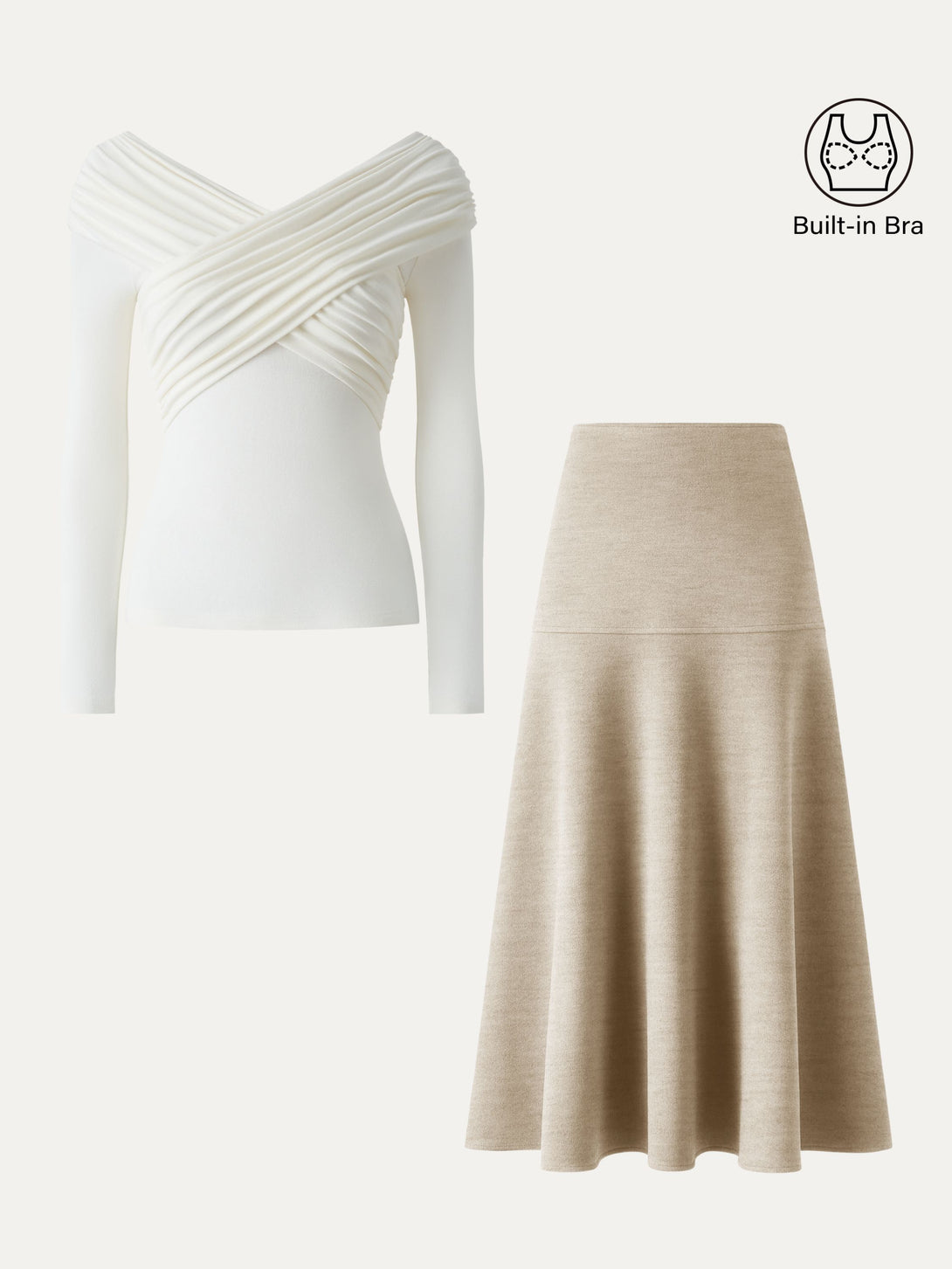 2Pcs Set Ruched V-Neck Surplice Brami & Cashmere-like Flared Maxi Skirt Off White/Heather Morganite XS