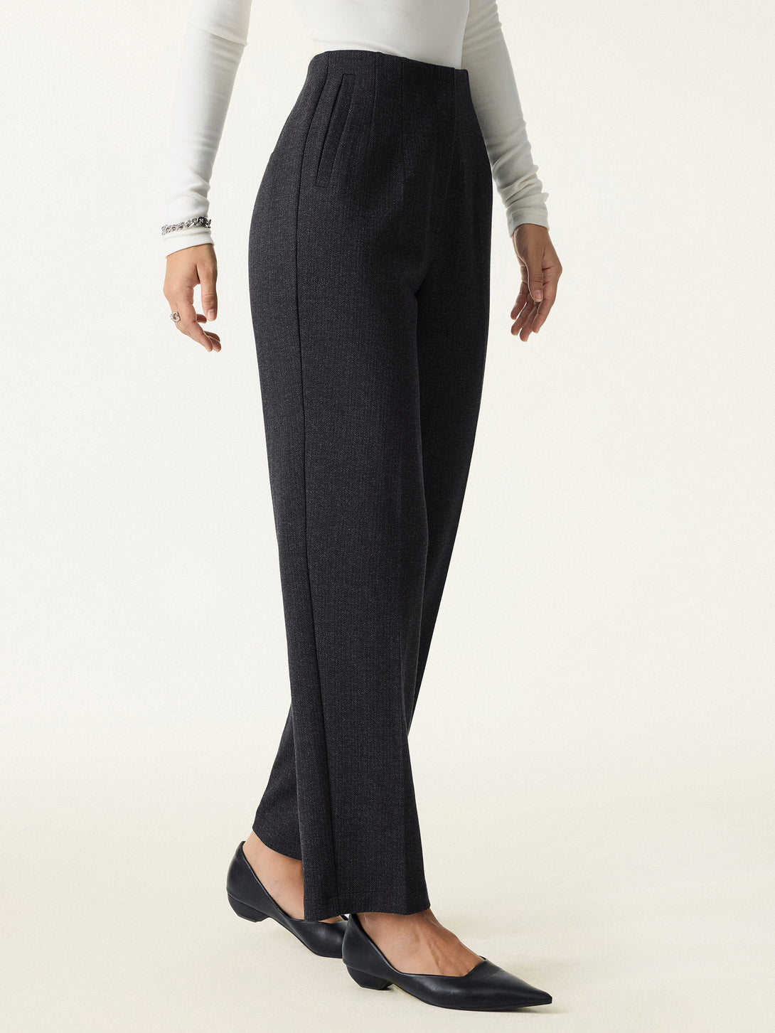 Herringbone High Rise Tapered Leg Trousers with Pockets