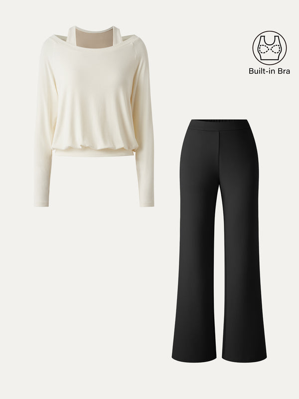 OGLmove 2Pcs Set Multi-Wear Built-In Bra Top 3.0 & Slim Flared Pants with Pockets