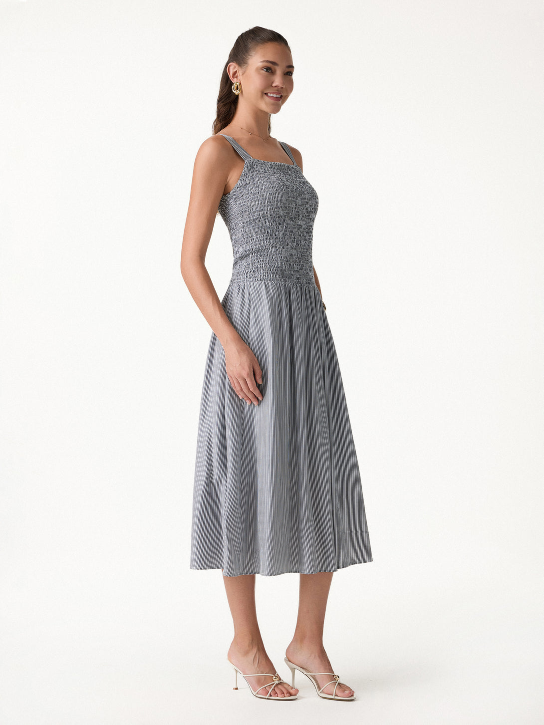 striped poplin smocked midi pocket dress Loft Striped Poplin Smocked Midi Pocket Dress