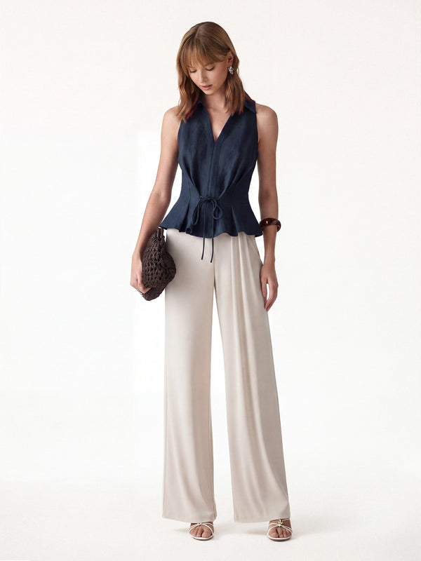 OGLmove 2Pcs Set Collared V-neck Top & Mid-Rise Wide-Leg Lounge Pants Denim Navy/Morning Mist XS