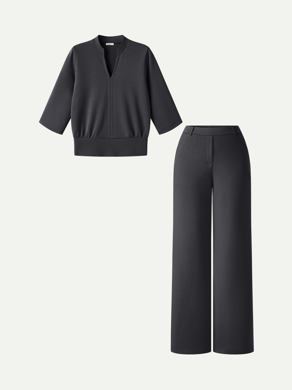 OGLmove 2Pcs Set V-Neck Elbow Sleeve Top & High-Rise Wide Leg Pants with Pockets