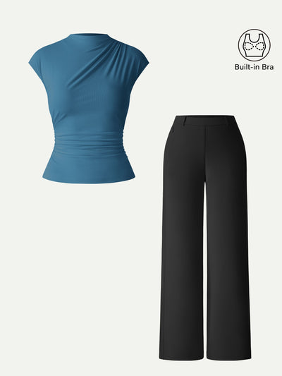 OGLmove 2Pcs Set Mockneck Cropped Bra Top & Slimming High Rise Wide Leg Pant