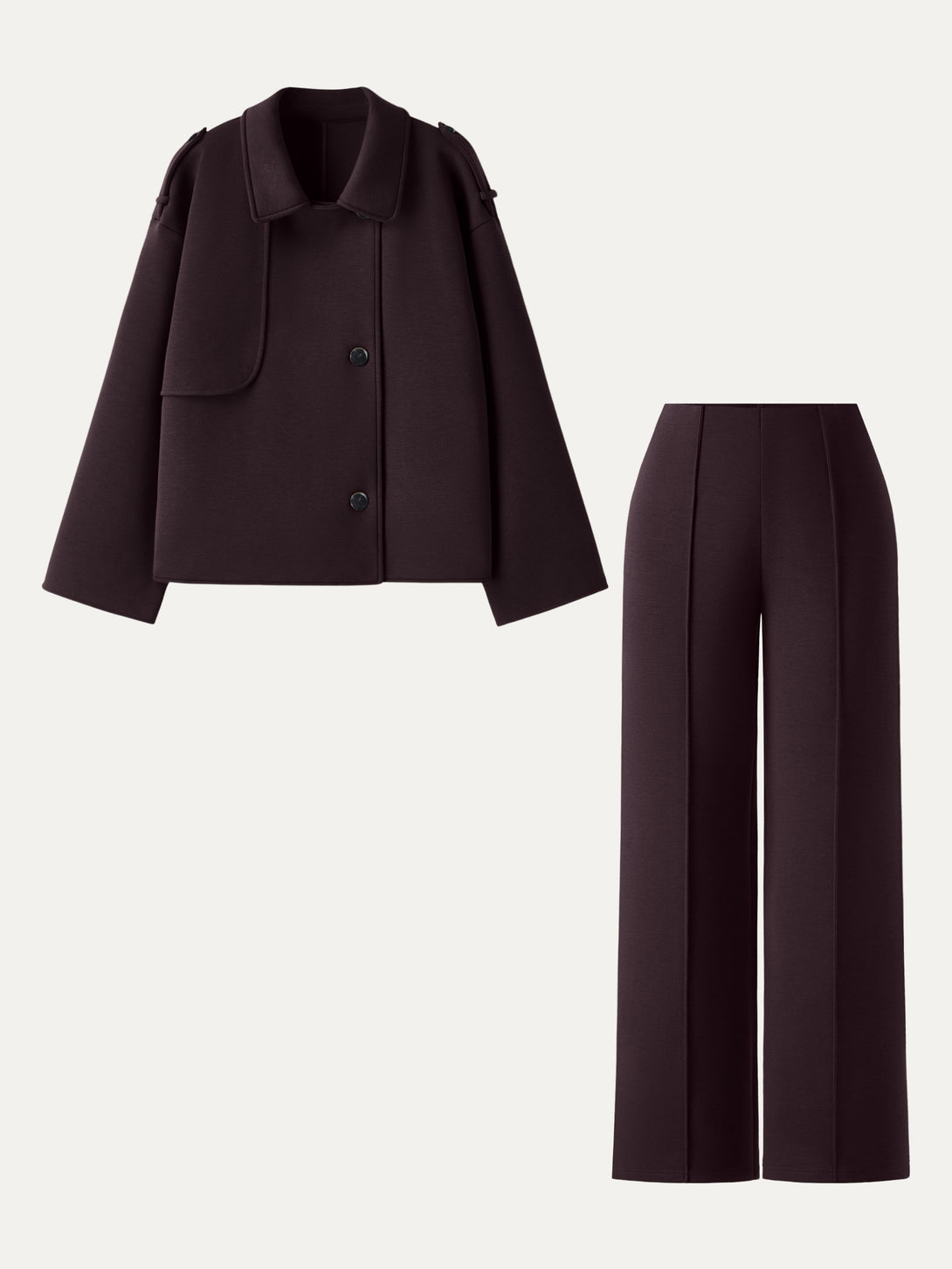 2Pcs Set Convertible Collar Buttoned Coat & Tummy-Control The Comfort Pant Purple Gloam XS