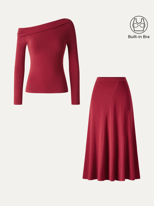 OGLmove 2Pcs Set LiteWarm Asymmetrical Built-In Bra Top & High-Rise A-Line Midi Skirt