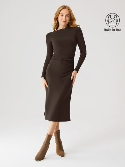 Thermal Boatneck Ruched Sides Brami Midi Dress Espresso Shut XS