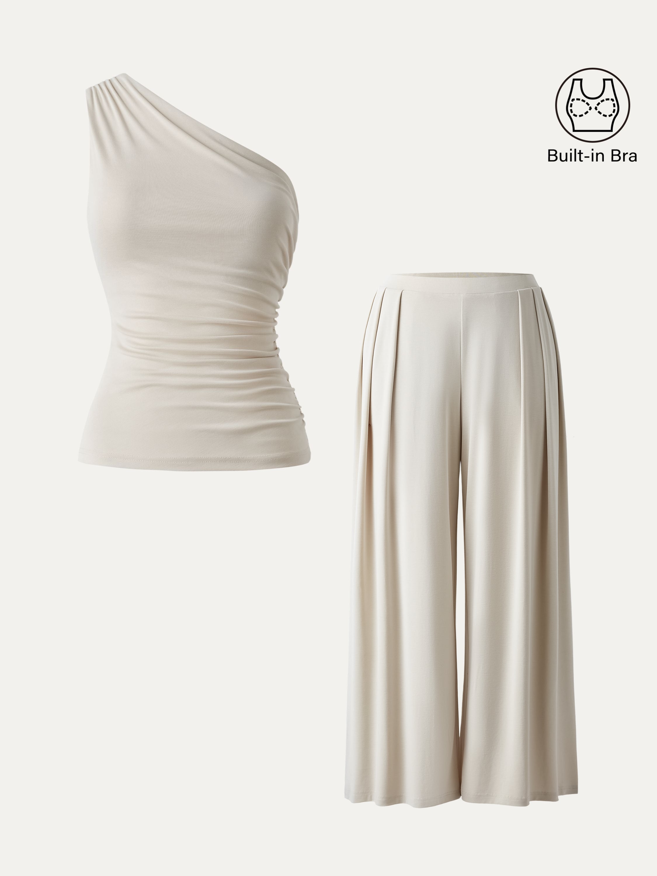 2Pcs Set Petite Wide Leg Palazzo Pant Pockets & Ruched Bra Tank