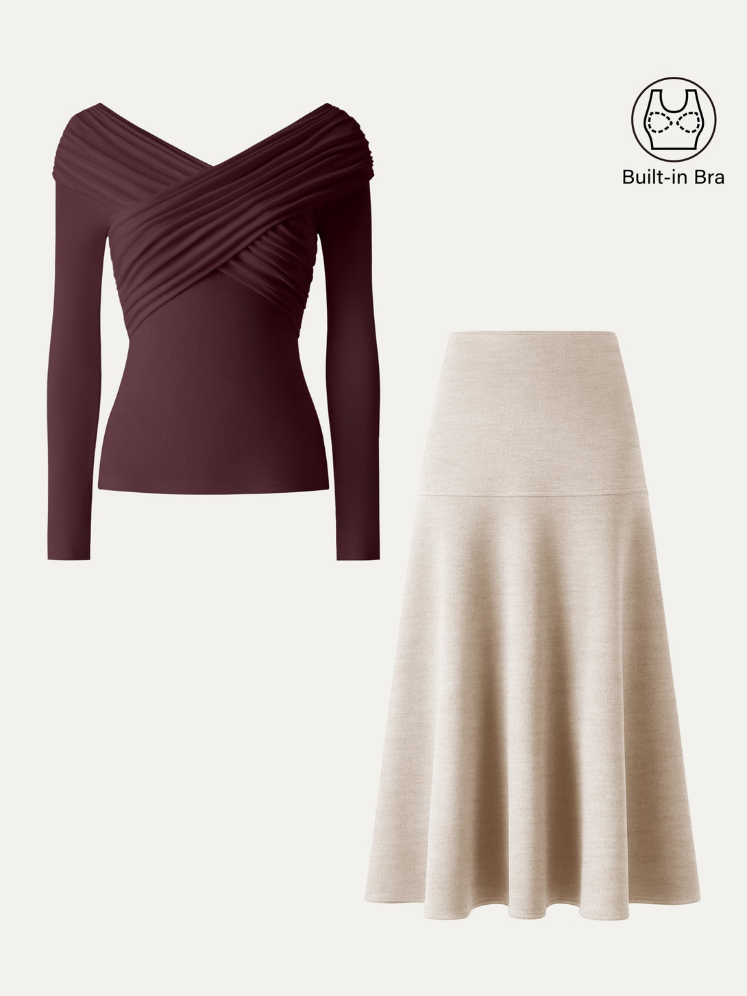 2Pcs Set Ruched V-Neck Surplice Brami & Cashmere-like Flared Maxi Skirt