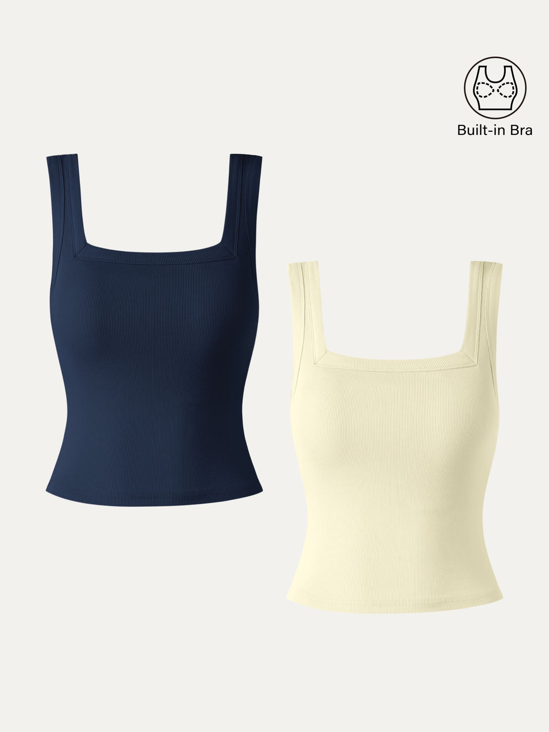 2Pcs Set Cropped Slinky Square Open-Back Brami Tank Top Navy/Cream Yellow XS