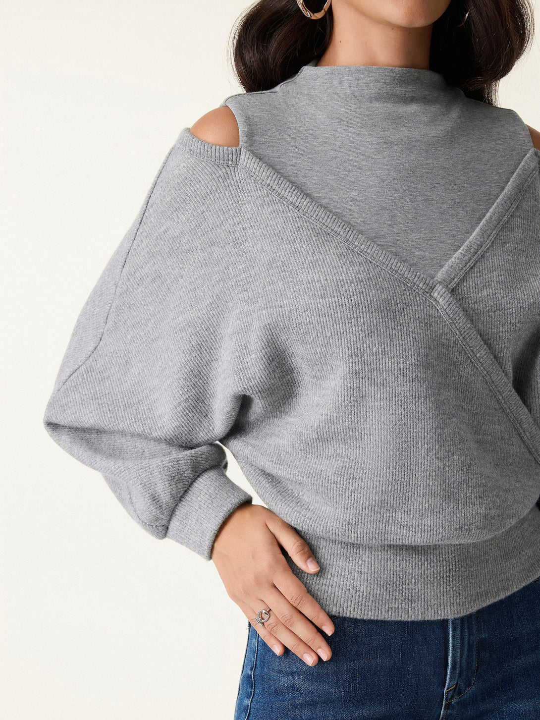 Cozy Mockneck Cutout Shoulder Surplice Brami