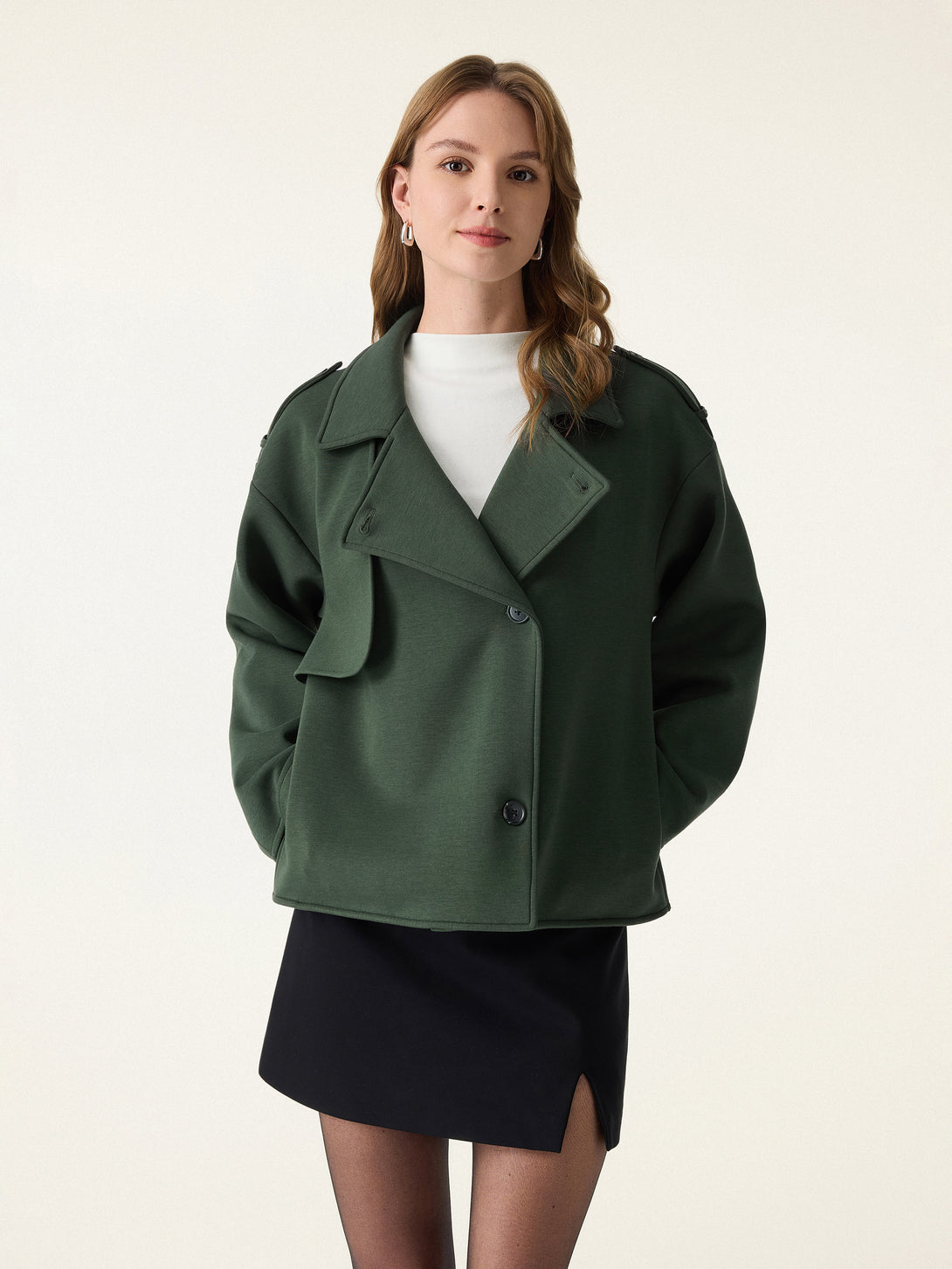 2Pcs Set Convertible Collar Buttoned Coat & Tummy-Control The Comfort Pant