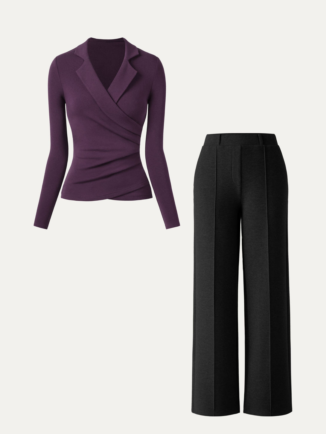 2Pcs Set Collared Surplice Top & High Waisted Straight Leg Pull On Pant Black/Deep Fig XS