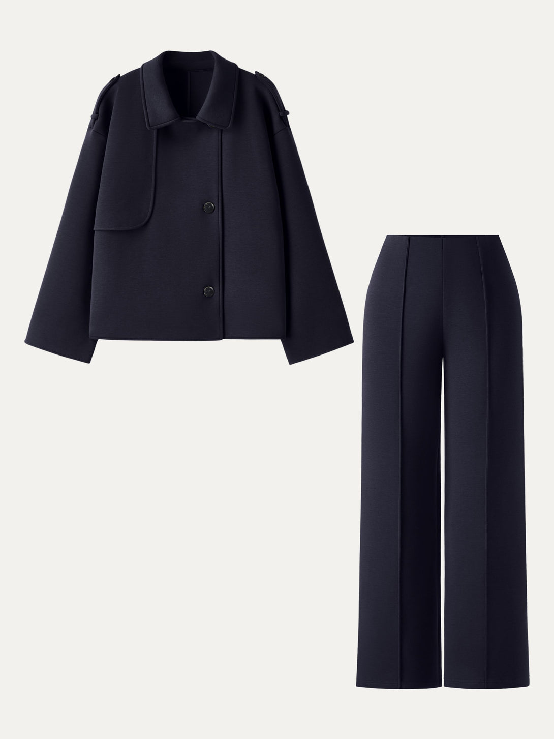 2Pcs Set Convertible Collar Buttoned Coat & Tummy-Control The Comfort Pant Navy XS