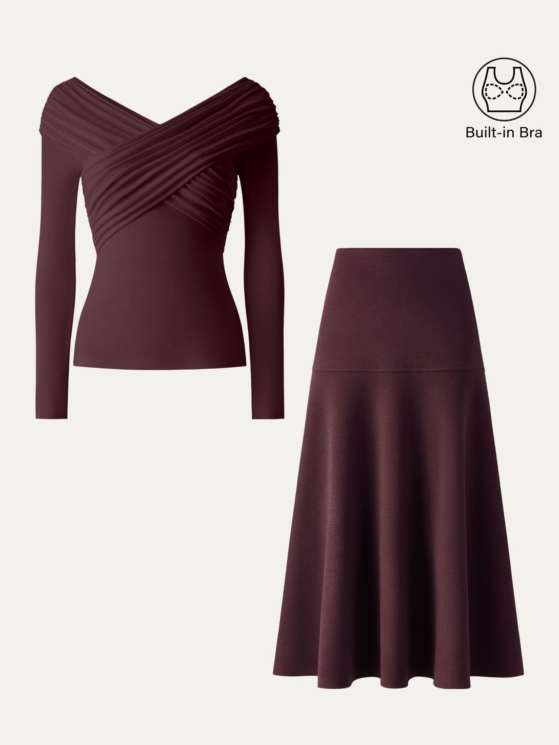 2Pcs Set Ruched V-Neck Surplice Brami & Cashmere-like Flared Maxi Skirt