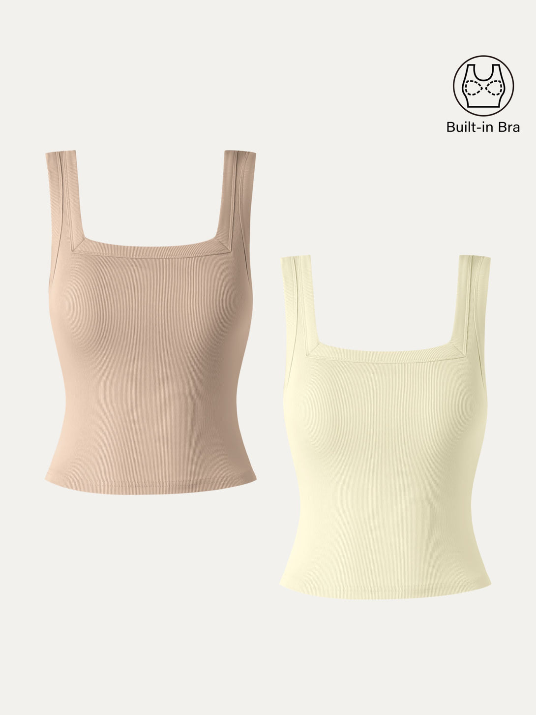 2Pcs Set Cropped Slinky Square Open-Back Brami Tank Top Natural Calico/Cream Yellow XS