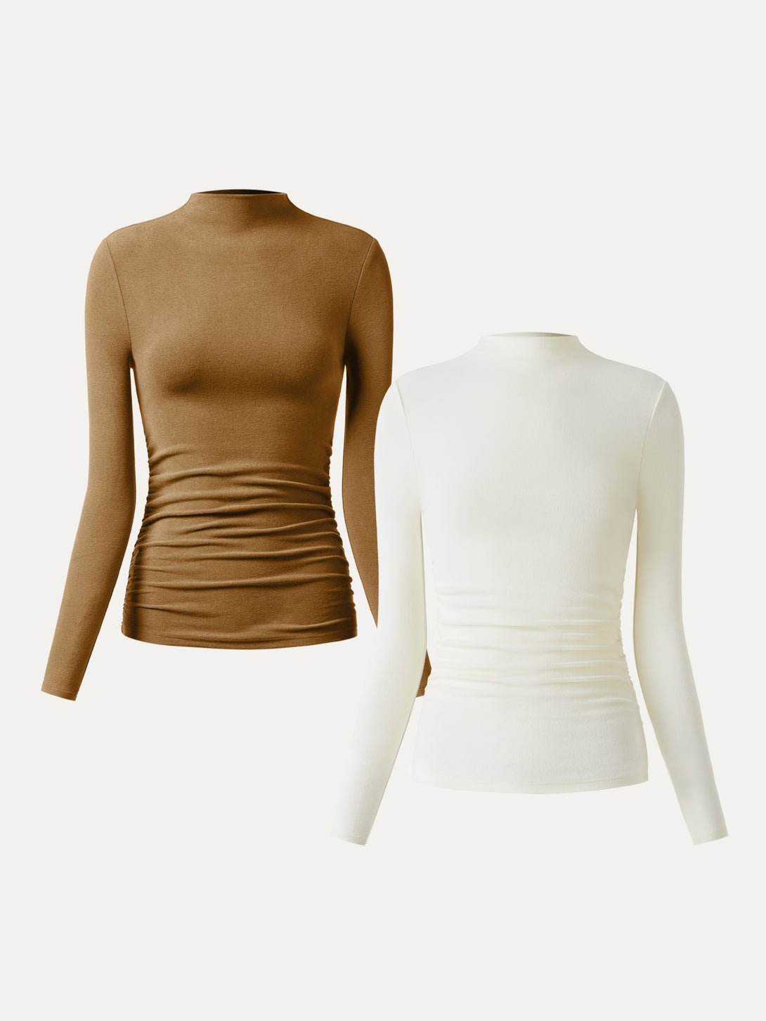 2Pcs Set Thermal Ruched Sides Tuckable Mockneck Top Off White/Cinnamon Buff XS