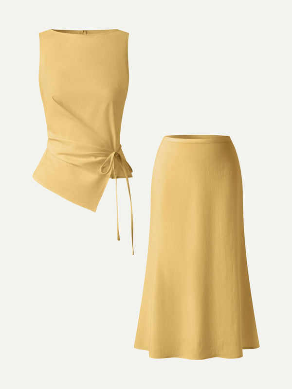 OGLmove 2Pcs Set Boatneck Waist-Defined Top & Maxi Flared Pull-On Skirt