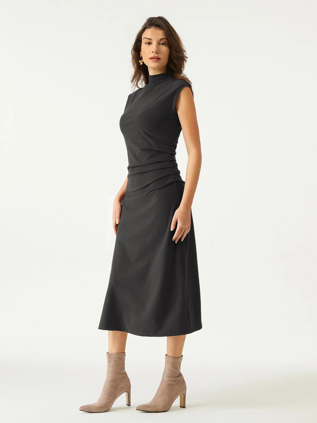 Mockneck Tucks Midi Dress Regular Light Night Charcoal