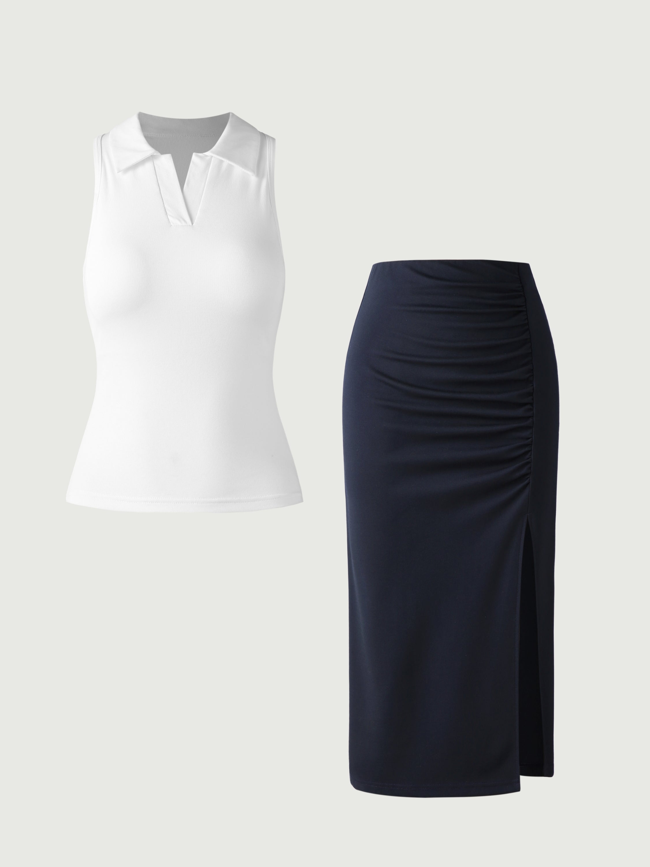 Cotton Polo Brami Tank & Ruching Slit Midi Skirt 2Pcs Set - White/Midnight Navy