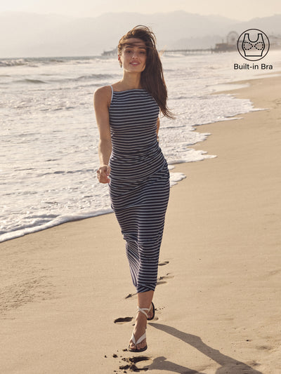 2Pcs Set Striped Spaghetti Brami & Low Rise Striped Midi Skirt Blue/Navy Stripe XS