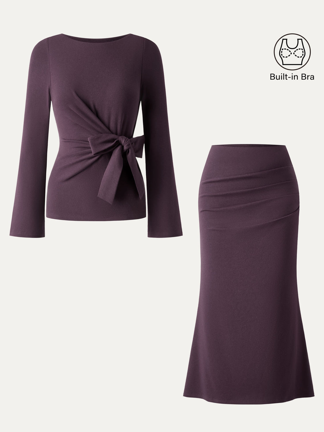 2Pcs Set Bow-Tie Belted Bell Sleeve Brami & Stretchy Tucked Flare Maxi Skirt Raisin Purple XS