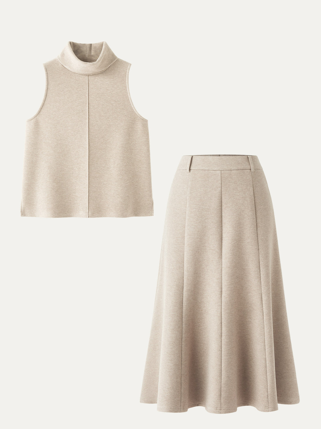 2Pcs Set Split Hem Top & High Waisted Midi Skirt Heather Beige XS