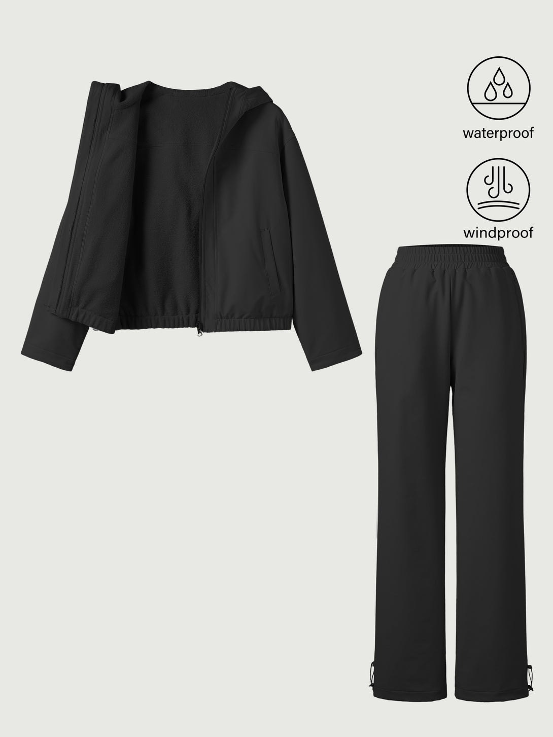 2Pcs Set Water-Proof Reversable Jacket & Elastic Waist Pant Black XS