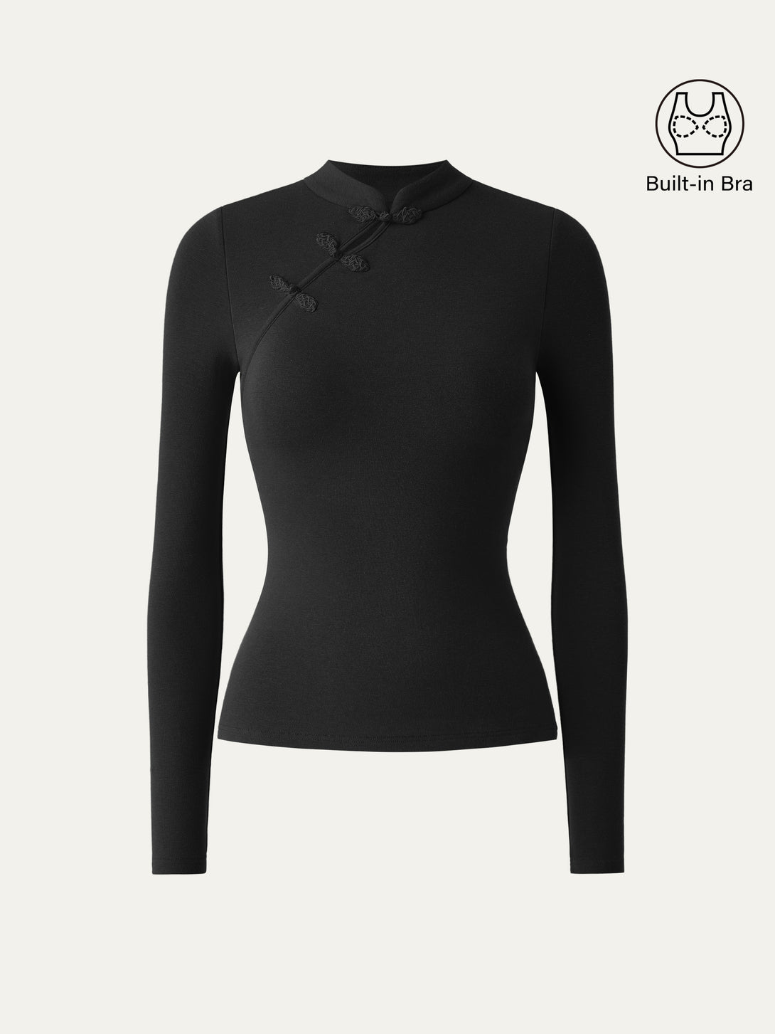 Mandarin Collar Asymmetric Frog Button Brami Top Black XS