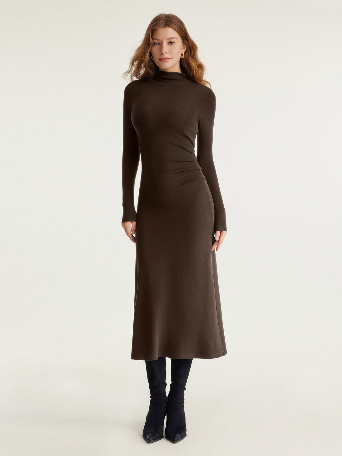 ProWarm Long Sleeves Mockneck Tucks Midi Dress Regular Espresso